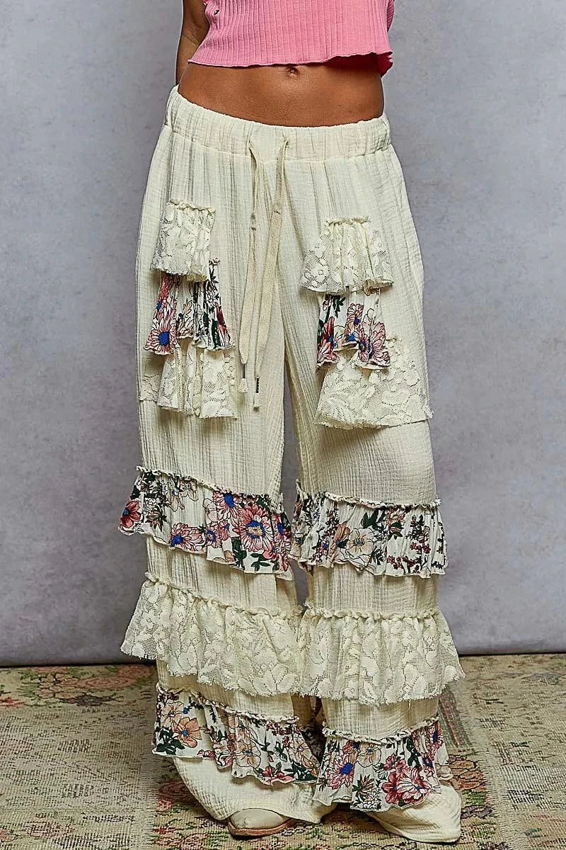 POL Drawstring double gauze wide leg pants with floral print and lace ruffle details