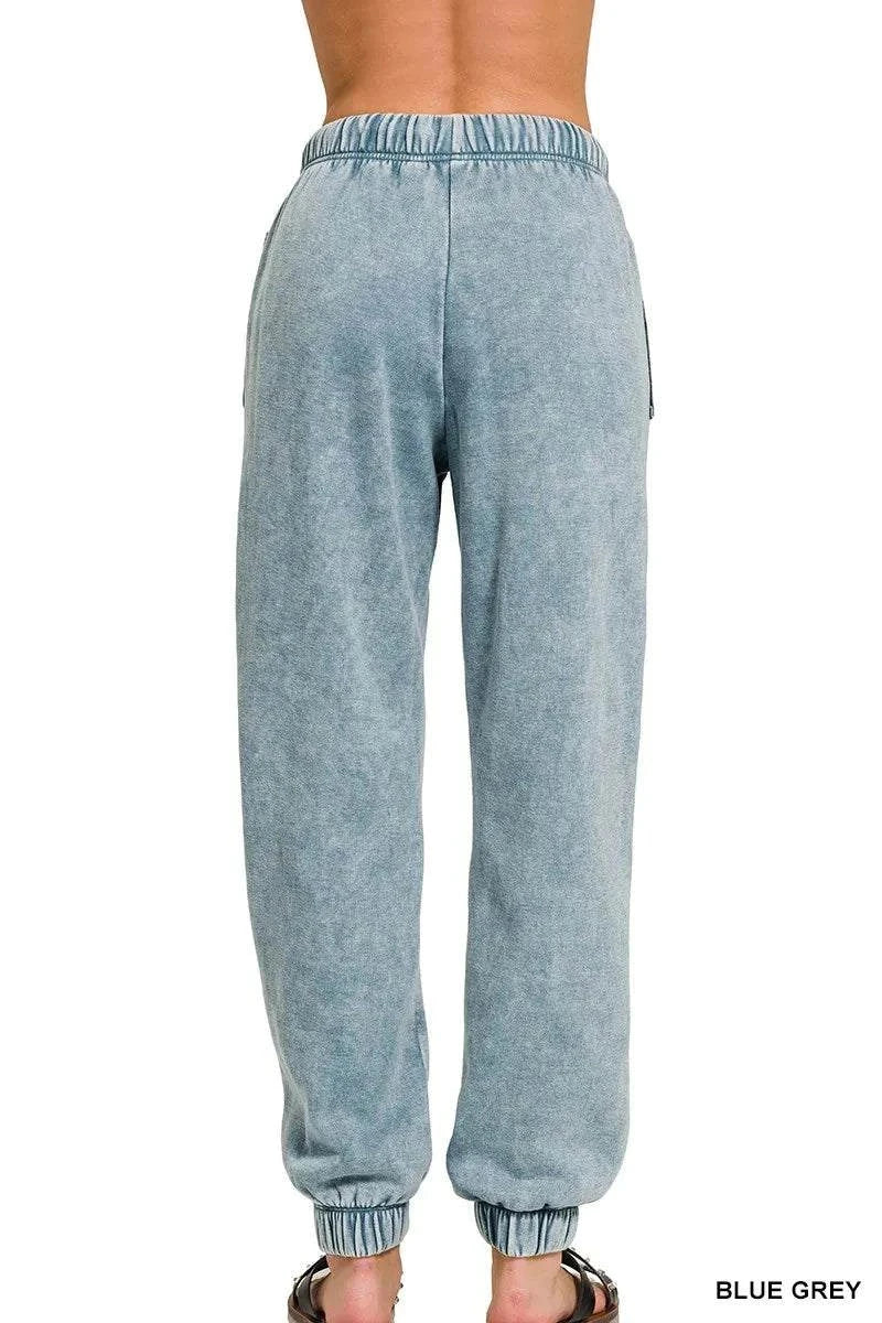 Back view of blue grey Zenana Acid Wash Fleece Sweatpants with pockets and elastic cuffs