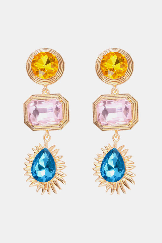 Geometrical shape zinc alloy frame glass dangle earrings with yellow, pink, and blue gemstones