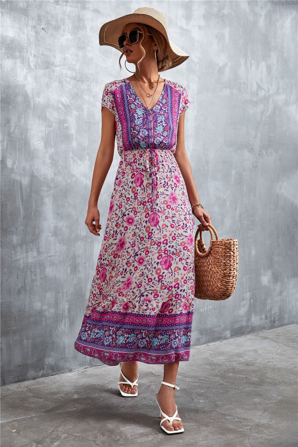 Bohemian Maxi Dress for Women: V-Neck Short Sleeve Printed Maxi Dress.