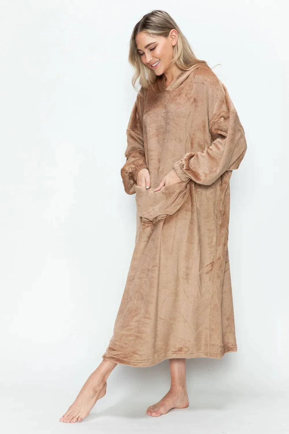 woman wearing brown hooded midi lounge dress with full-size pockets