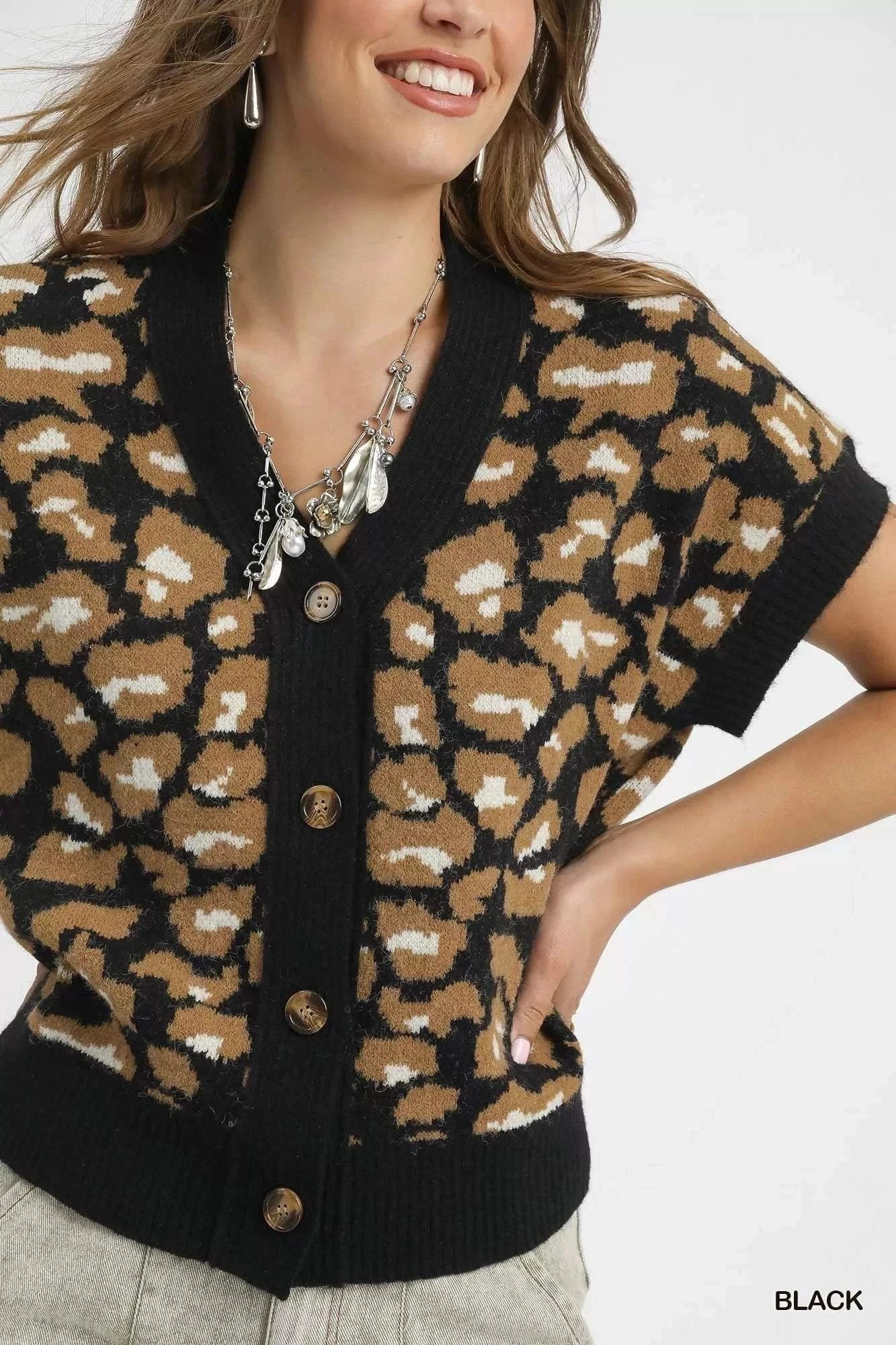 Umgee Leopard Button Down Short Sleeve Cardigan.
