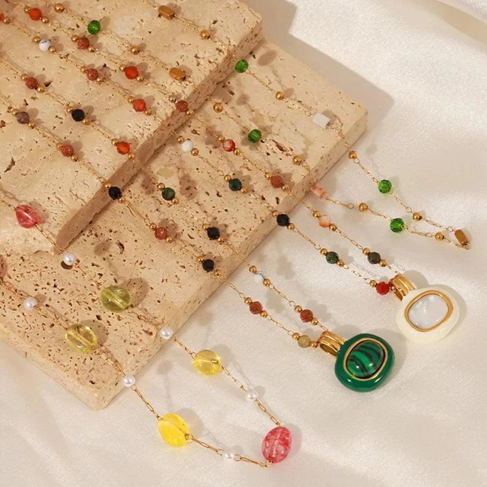 Titanium steel gold-plated bead necklaces with multicolored stones and synthetic pearls, two-piece set