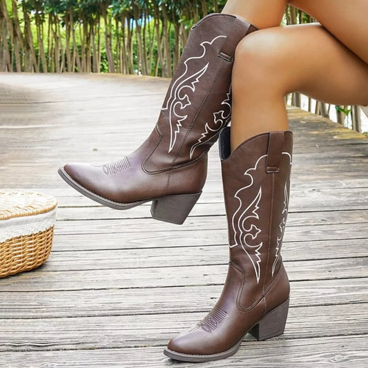 Western Embroidered Mid-Calf Boots.