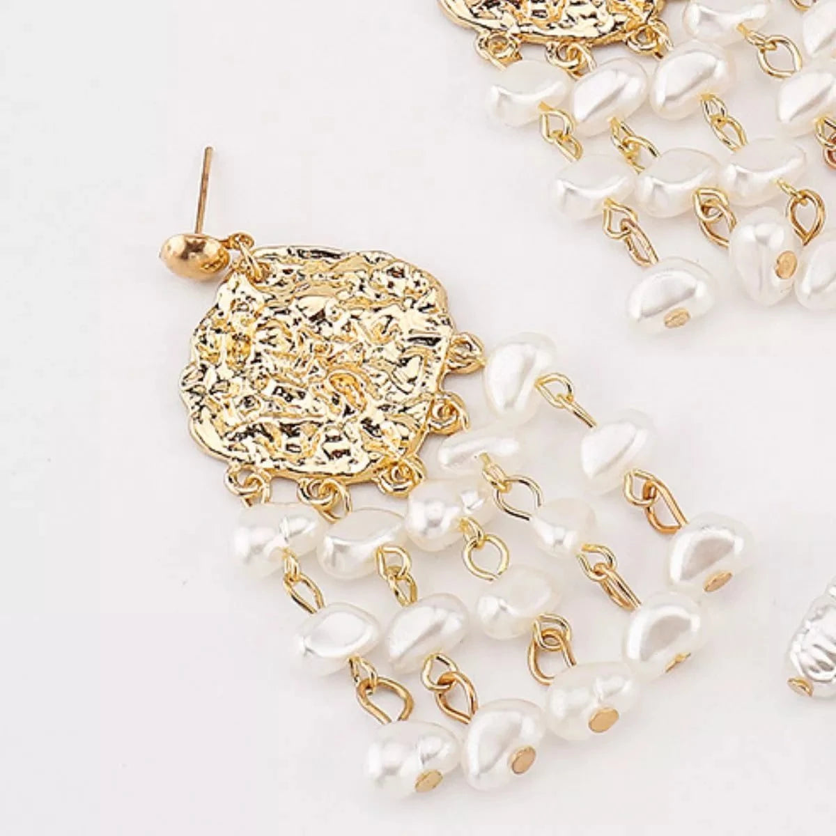 18K gold-plated dangle earrings with synthetic pearls and textured design, 2.9 inches long