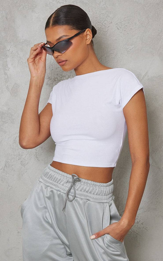 White soft rib backless fitted crop top with crew neck and short sleeves