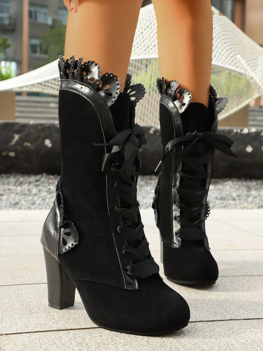 Lace Up Block Heels Boots.