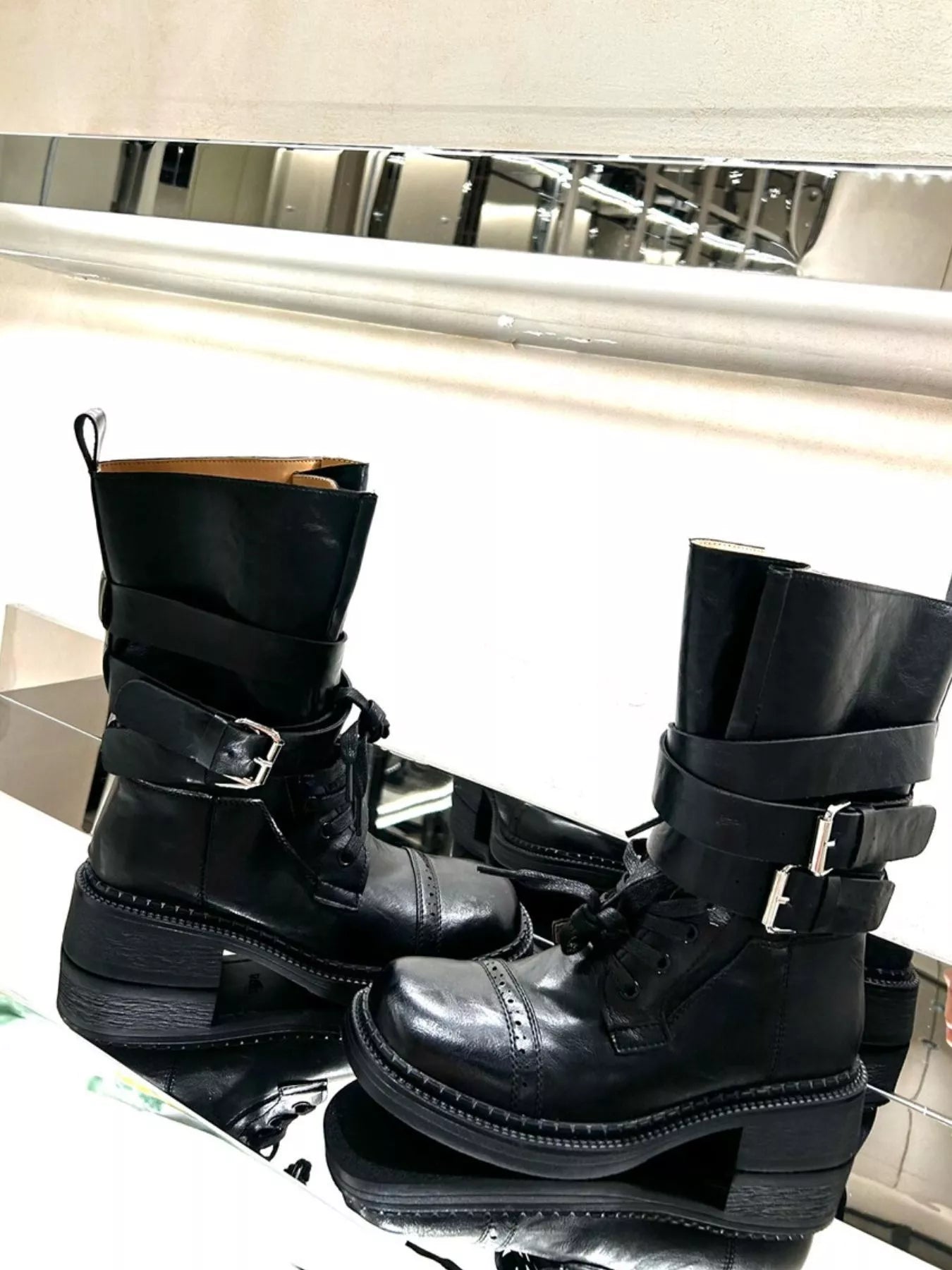 Buckled Leather Block Heel Boots.