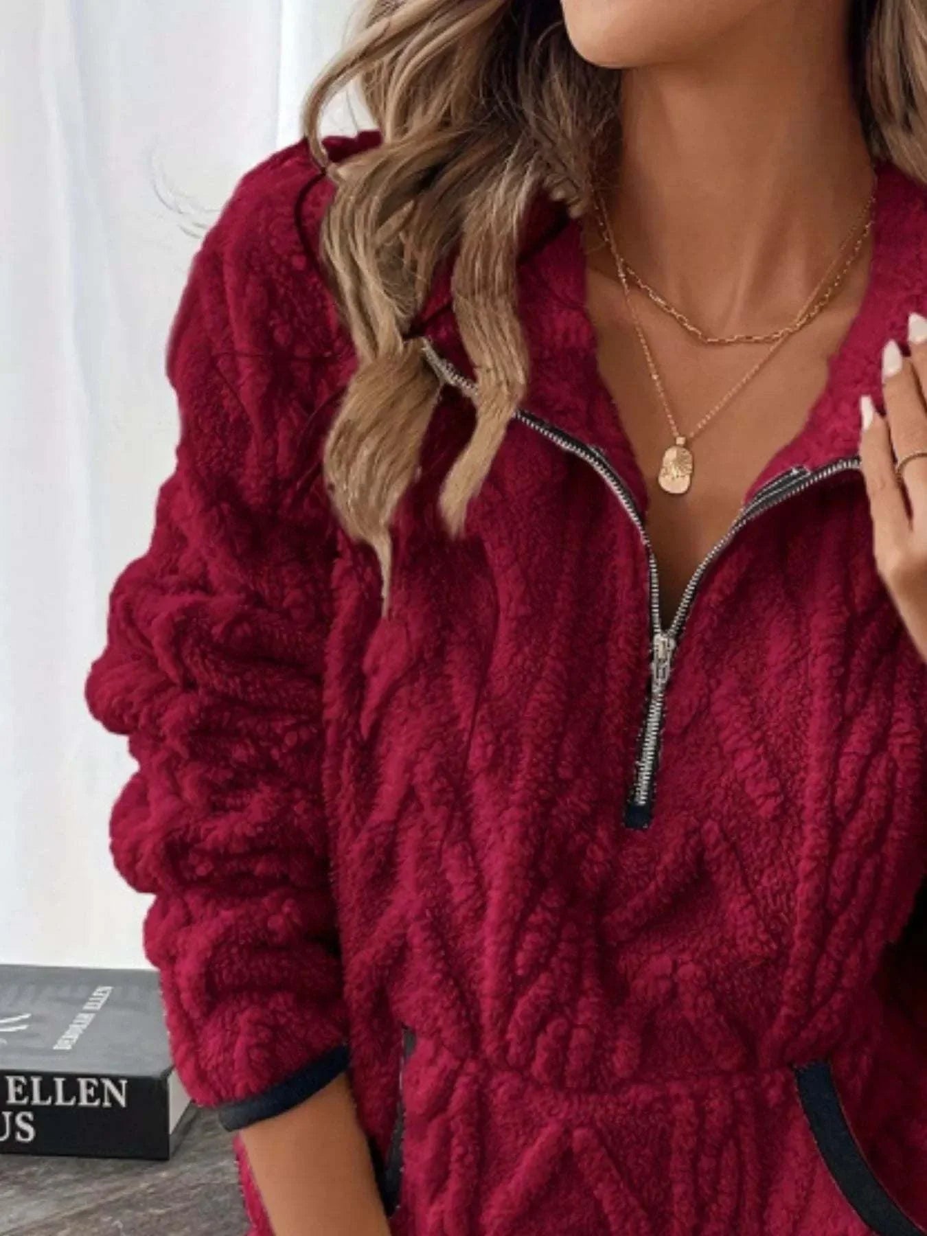 Plus size full size sherpa half zip sweatshirt in burgundy with pocketed design and 100% polyester material