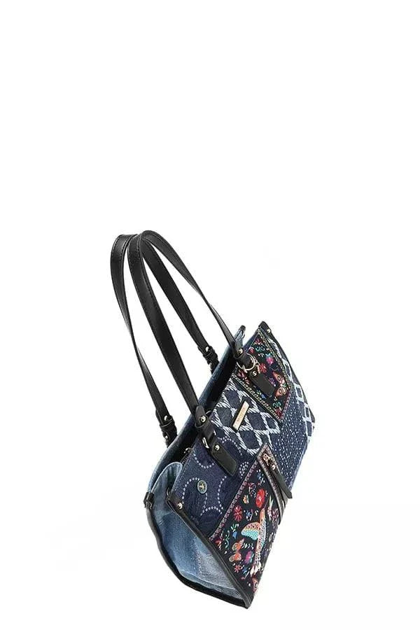 Nicole Lee USA Bosque de Amor denim tote bag with floral embroidery and vegan leather accents