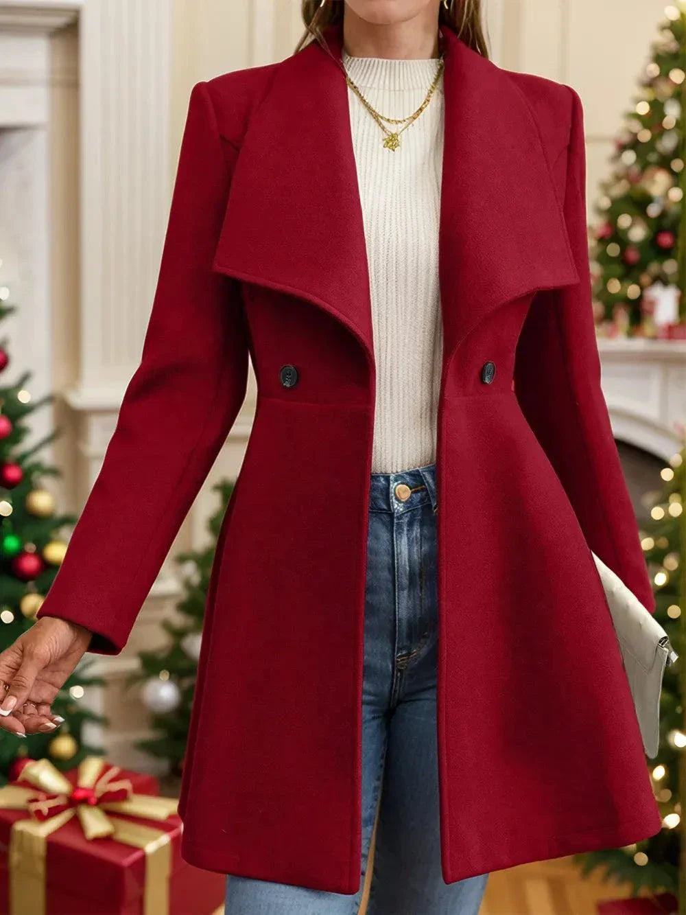 Collared neck button up long sleeve red coat with basic style and normal thickness