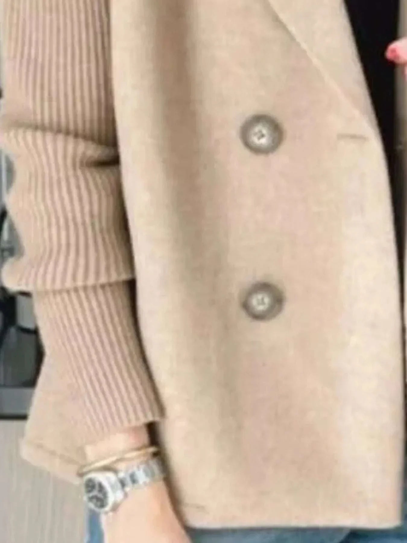 Plus size full size knit sleeve double-breasted beige outerwear with ribbed cuffs and button details