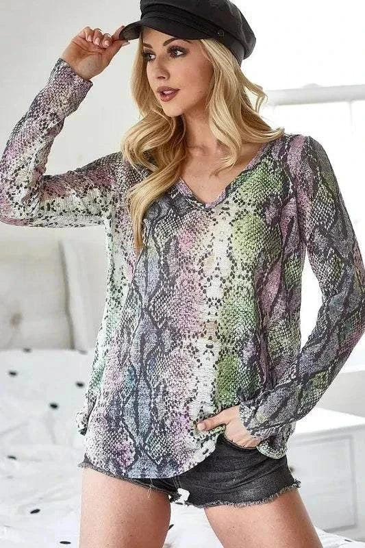BiBi Snakeskin Print Low Gauge Hacci V Neck Top.