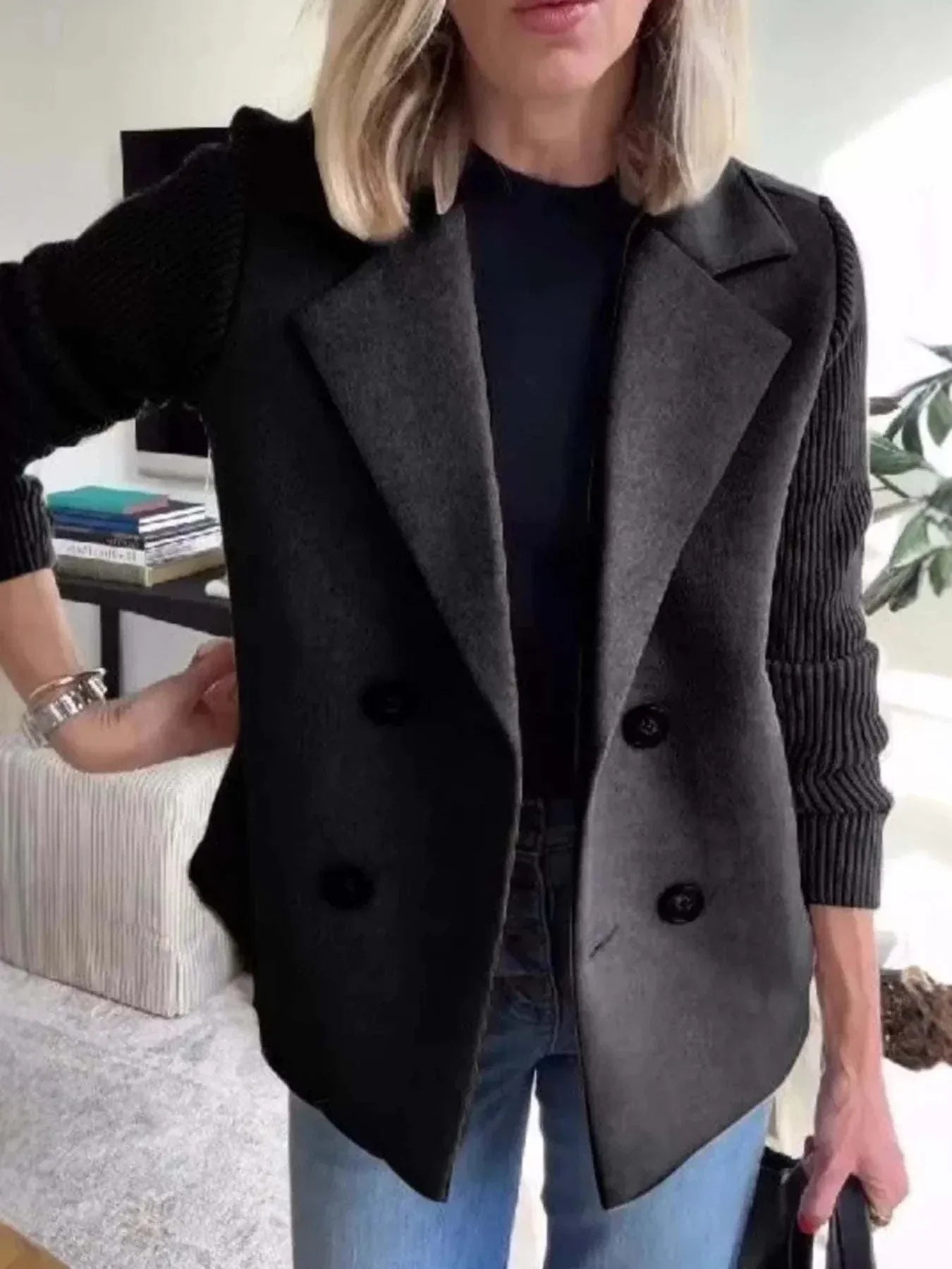 Full size knit sleeve double-breasted black outerwear with ribbed sleeves and button details for plus size women