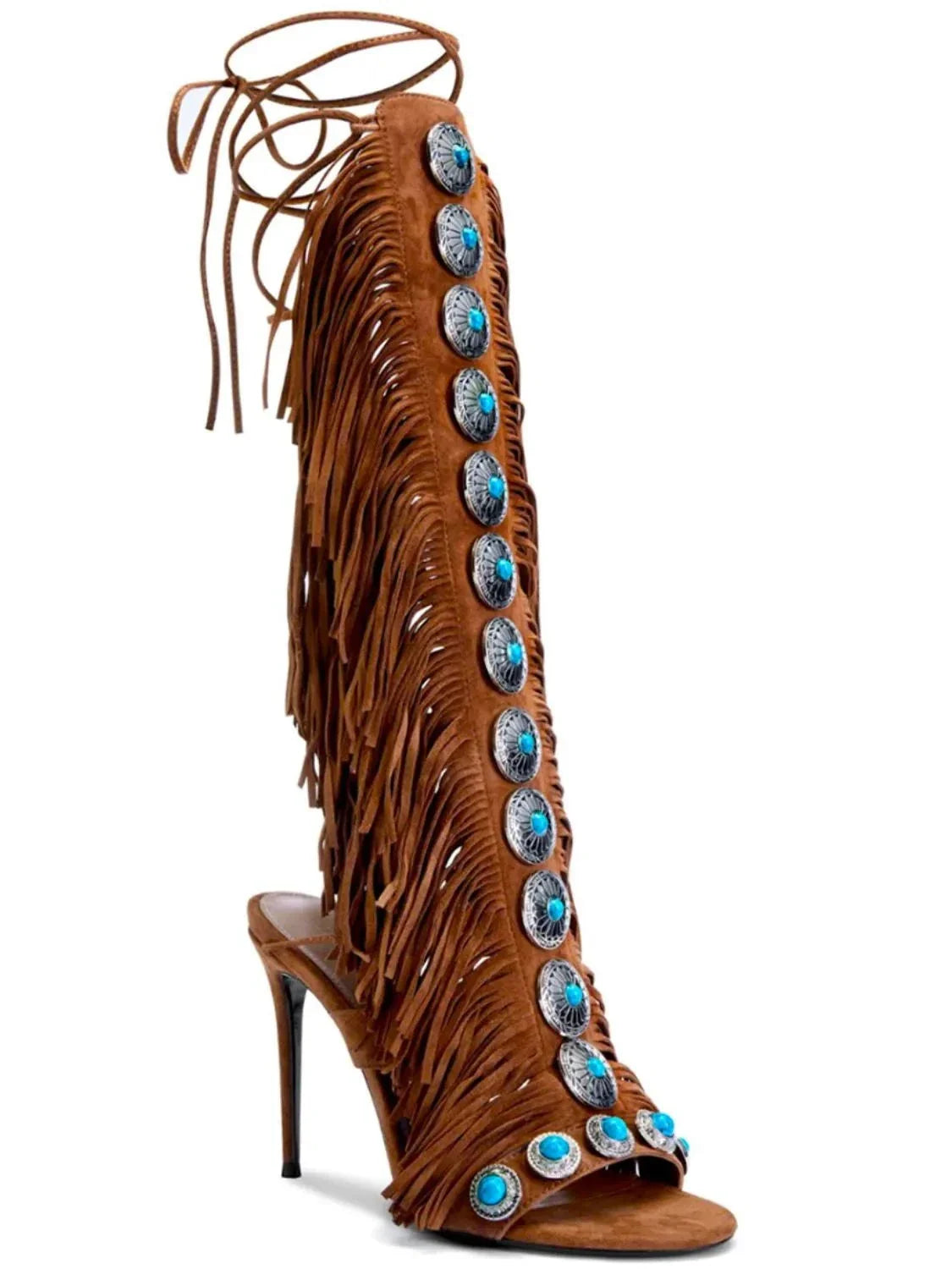 Brown fringe lace up high heel sandal with turquoise button accents and open toe design