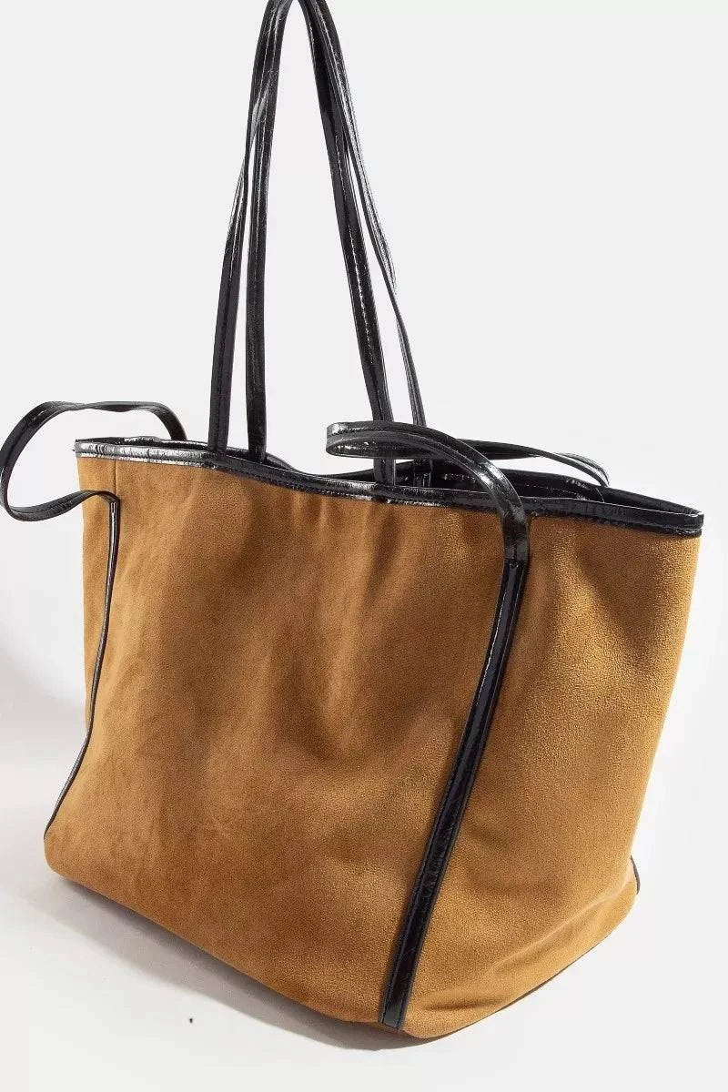 Fame Suede Tote brown suede bag with black faux leather trim and shoulder strap