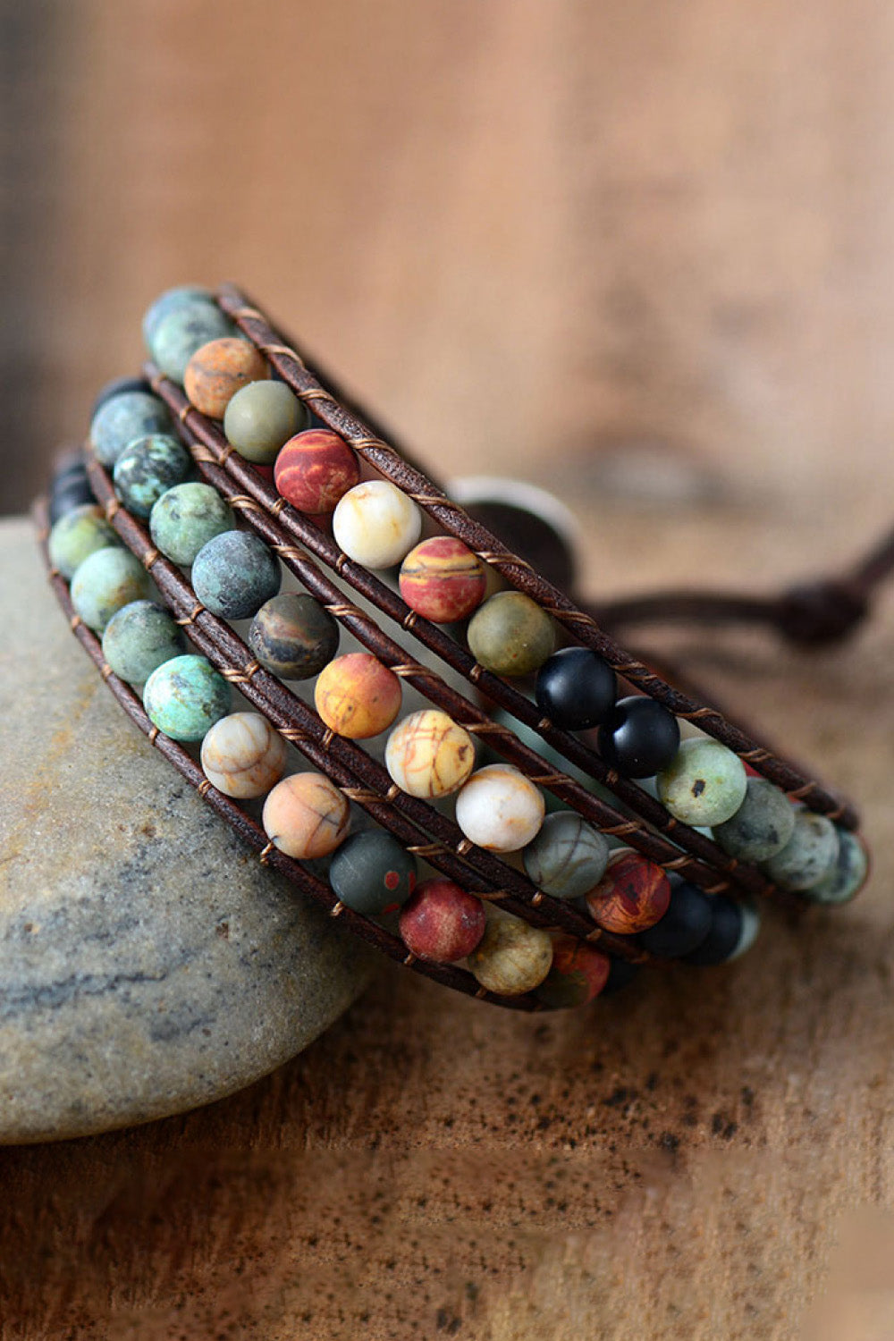 Handmade triple layer beaded agate bracelet with multicolored stones on pine and alloy wrap design