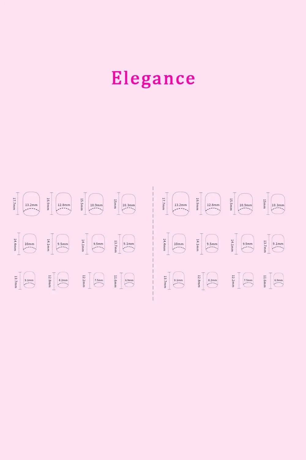 SO PINK BEAUTY press-on nails size guide for elegant nail shapes on pink background