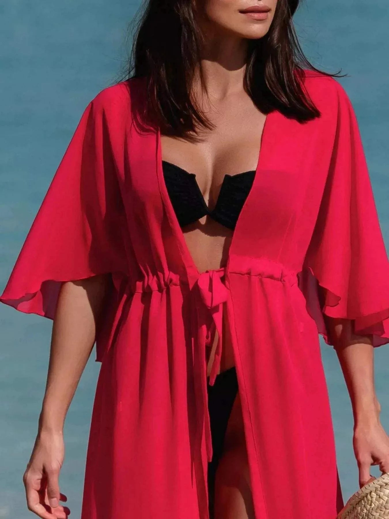 Solid Color Cover-Up for Women - Stylish Flutter Sleeve Beachwear and Swimwear Accessory.