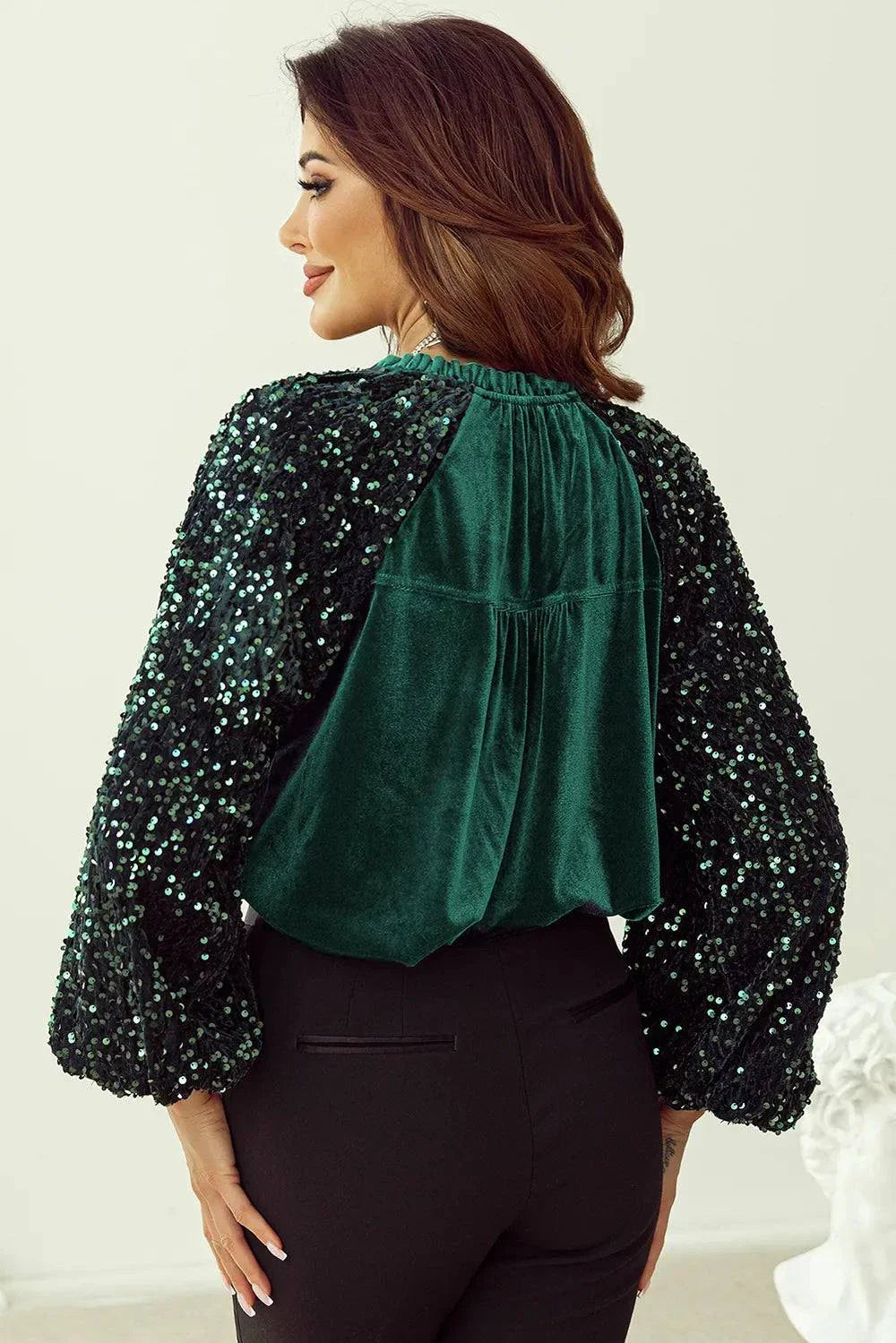 Sequin Notched Long Sleeve Blouse.