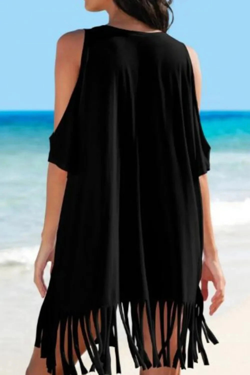 Fringe V-Neck Cold Shoulder Cover Up.