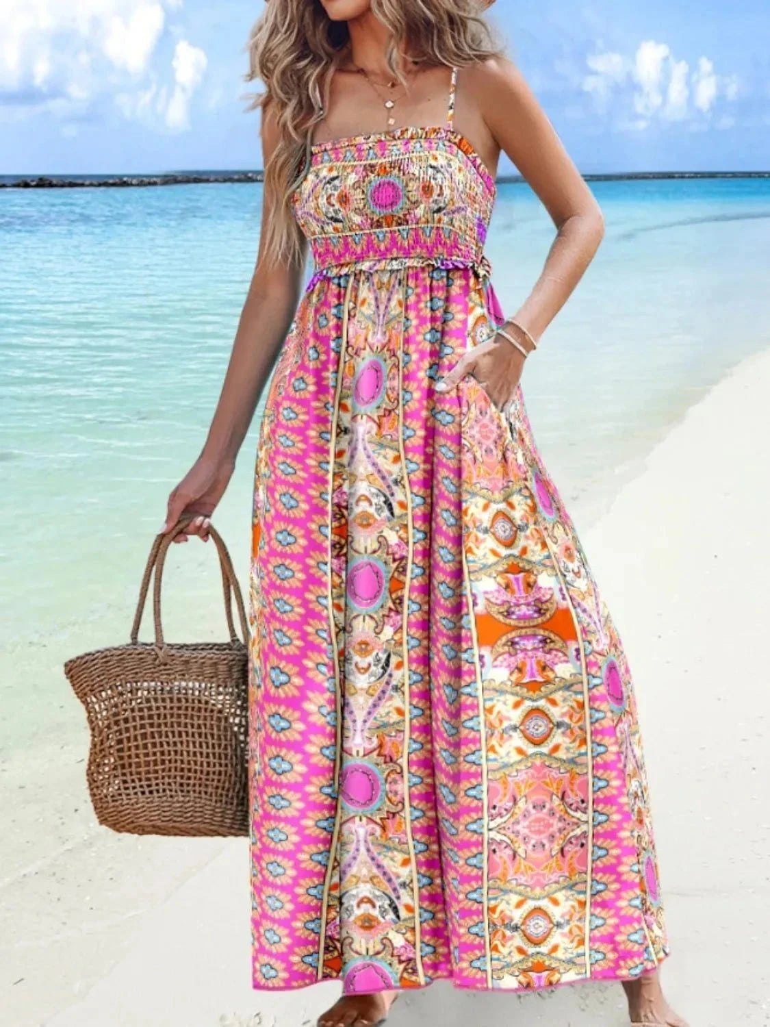 Printed Maxi Cami Dress with Smocked Detail.