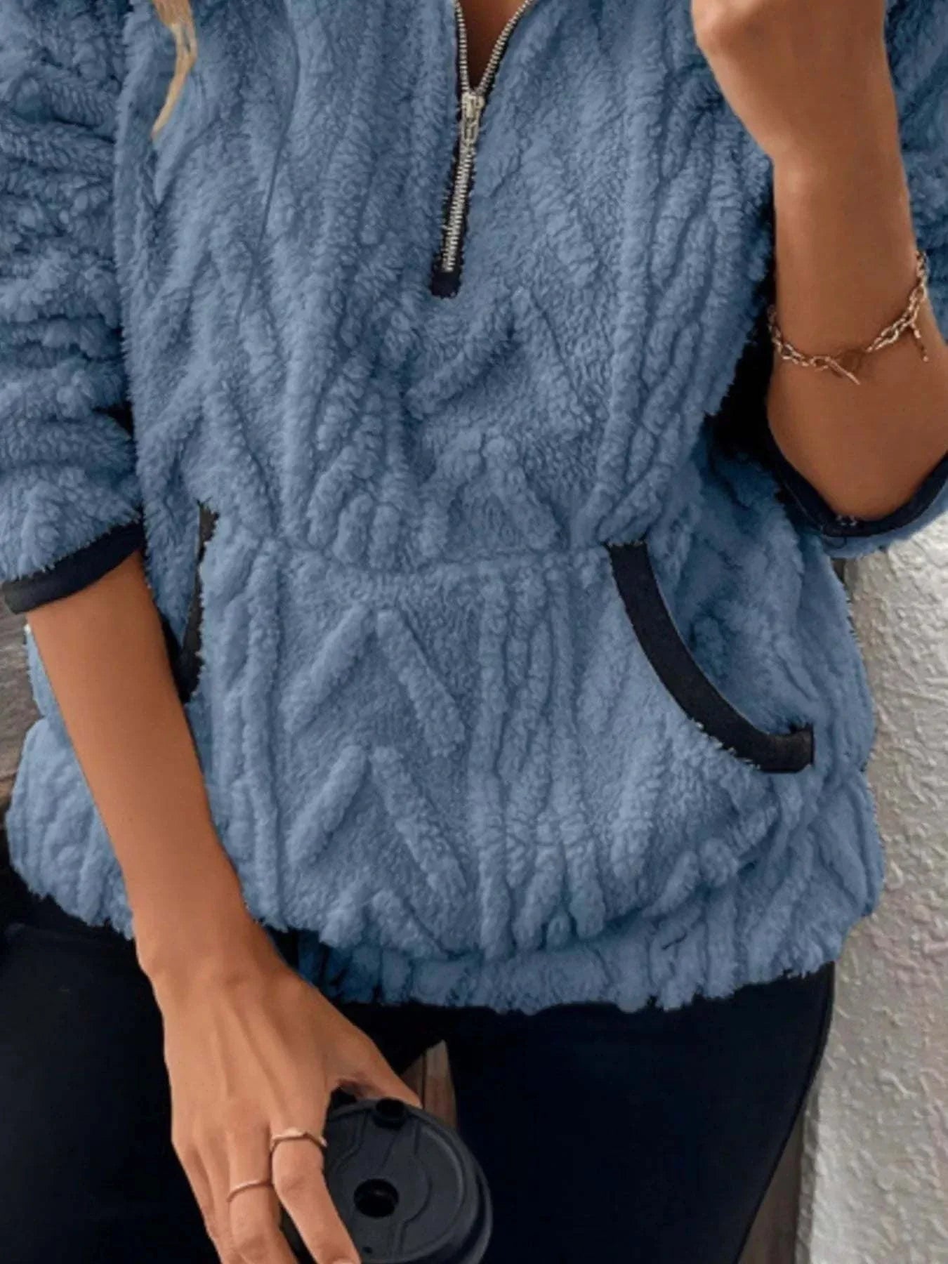 Plus size full size sherpa half zip sweatshirt with pockets in blue polyester fabric