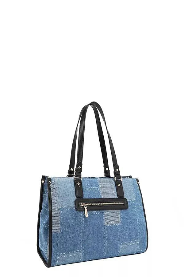 Nicole Lee USA Bosque de Amor denim tote bag with faux vegan leather accents and front zipper pocket