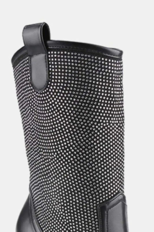 Weeboo Chunky Heel Rhinestone Western Cowboy Boots black with sparkling rhinestones and a chunky heel