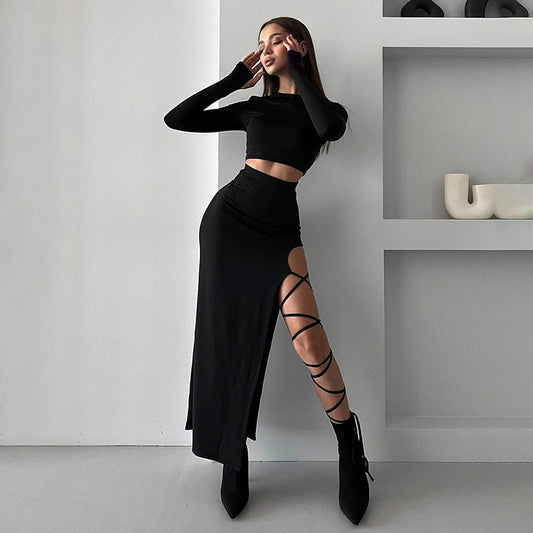 Solid Color Long Sleeve Round Neck Top Slim Fit Tie Skirt Set