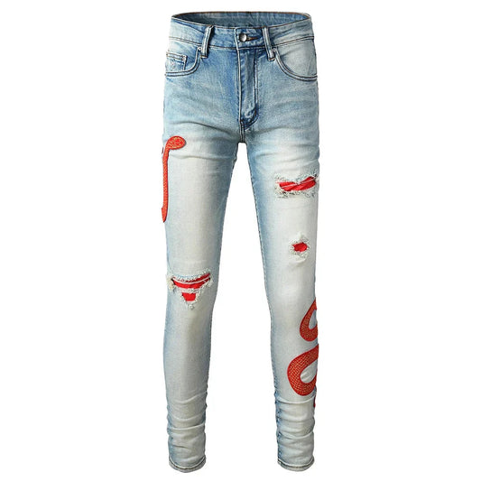 Blue Red Full Embroidery Snake Patch Jeans
