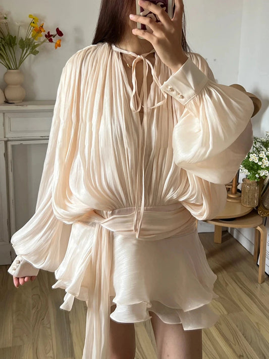 TWOTWINSTYLE Solid Blouse Mini Dresses For Women V Neck Long Sleeve Spliced Lace Up Sweet Style Dress Female Clothing Fashion - Redemption By Ashley North