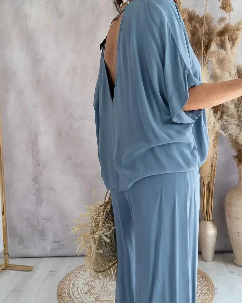 Summer Casual Loose Two Piece Set Women Fashion V-neck Pants Sets Women Elegant Batwing Sleeve Homewear Outfits 2 Piece Sets