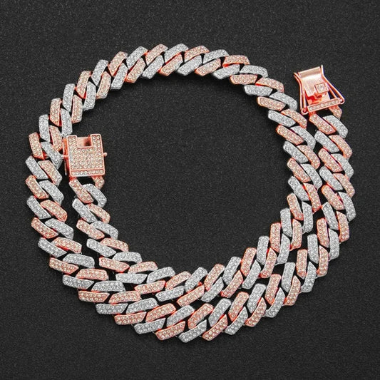 Iced Out Square Miami Cuban Link Chain Necklace For Men Women Micro Paved CZ Stone Rose Gold Color Hiphop Jewelry 16"