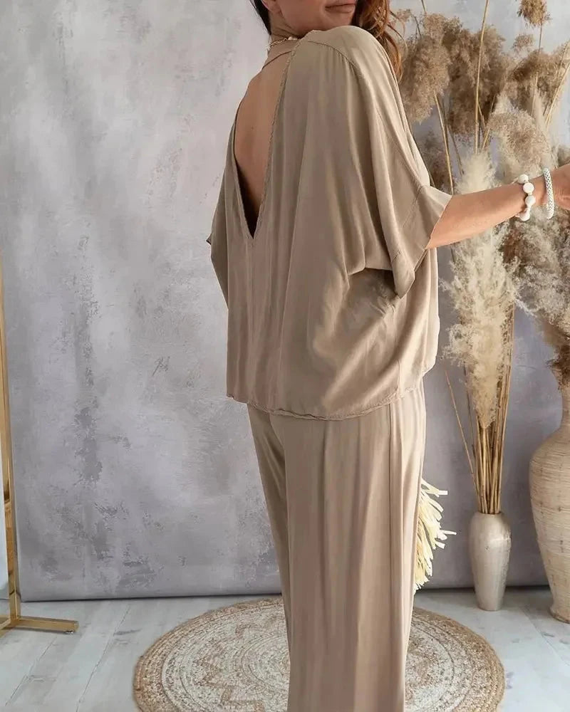 Summer Casual Loose Two Piece Set Women Fashion V-neck Pants Sets Women Elegant Batwing Sleeve Homewear Outfits 2 Piece Sets