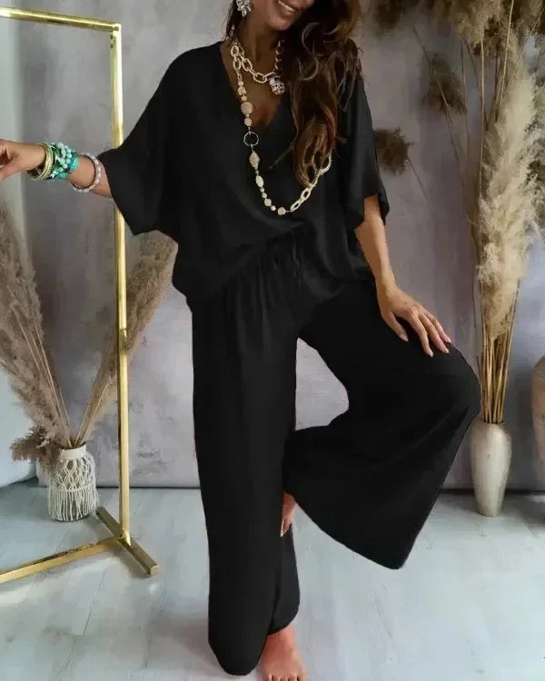Summer Casual Two Piece Set Women V-neck Batwing Sleeve Pants Outfit