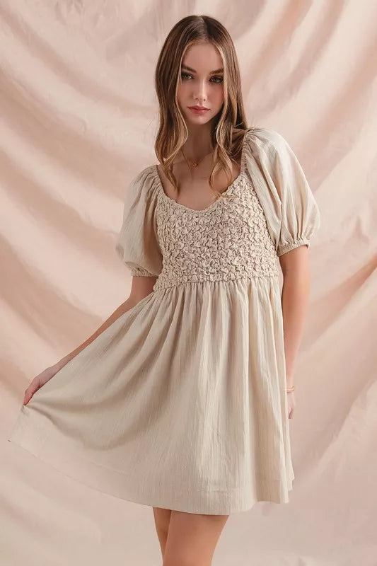 SO ME Textured Woven Daily Dress with Puff Sleeves.