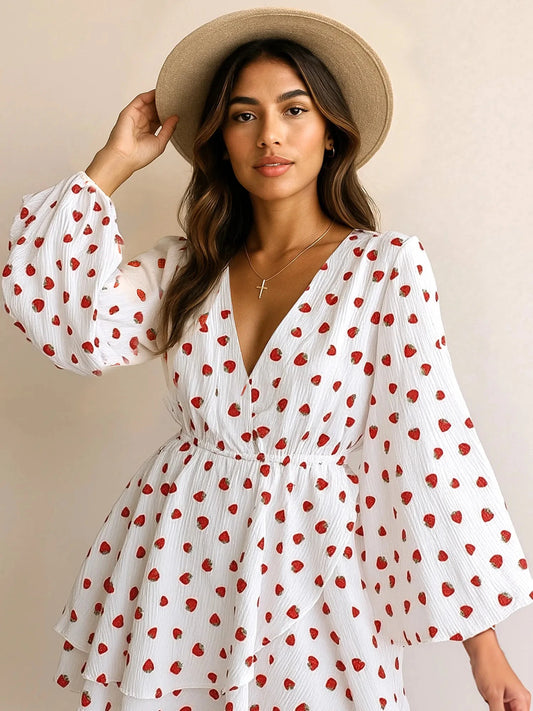 Strawberry Print Long Sleeve Mini Dress