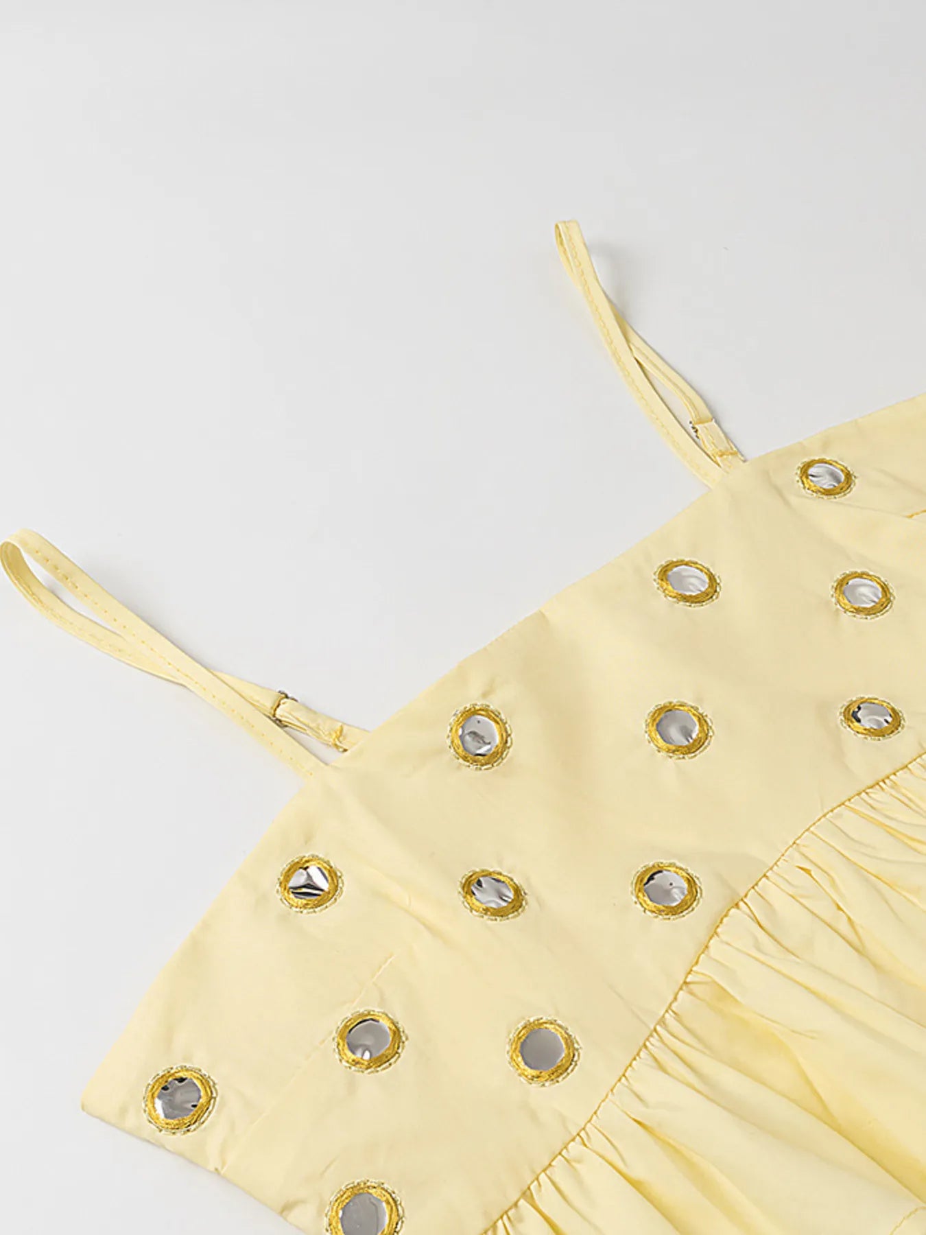 Yellow eyelet cami with cutout and ruffled bubble skirt set, two-piece polyester blend summer outfit