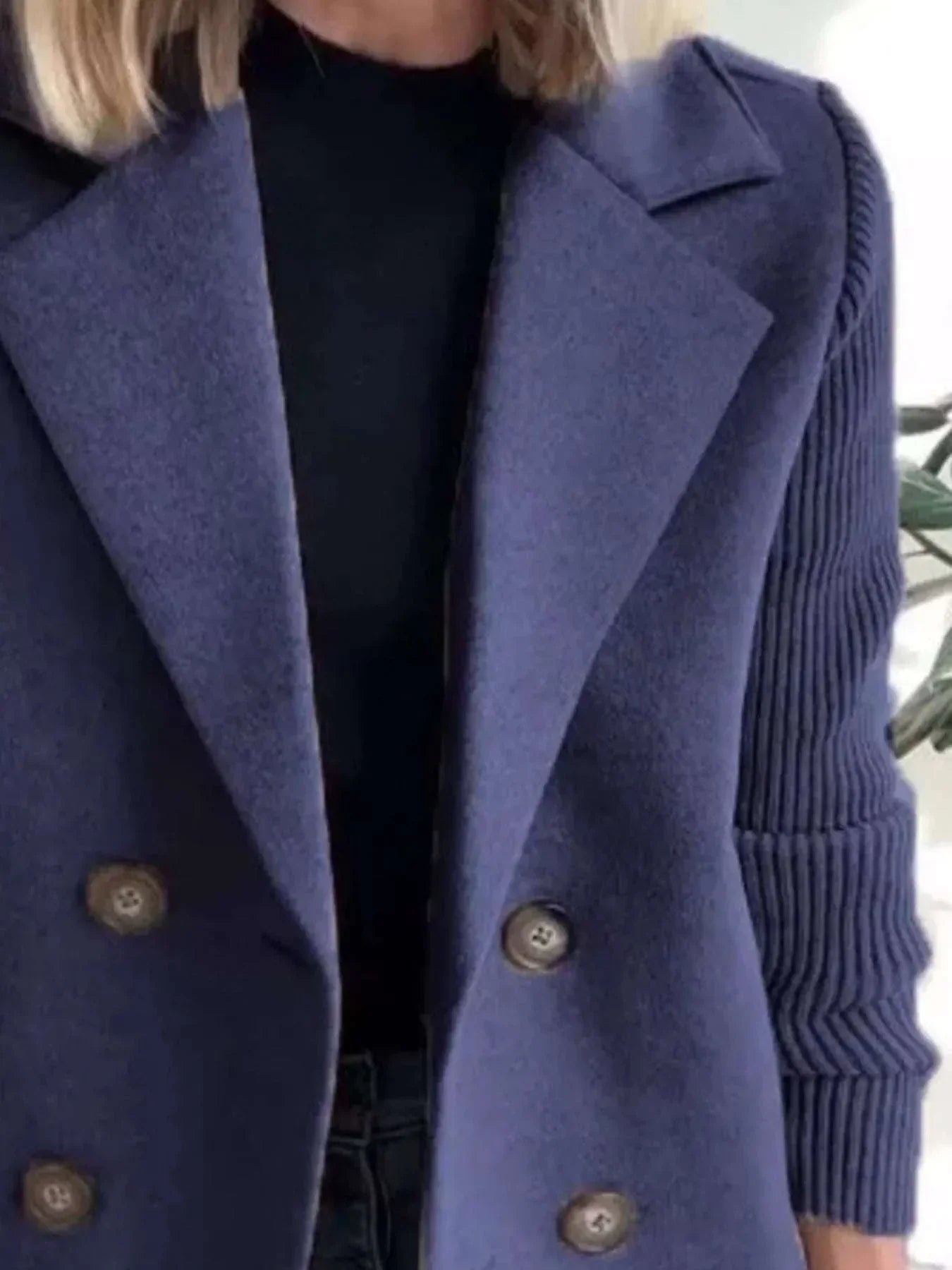 Plus size double-breasted outerwear with full size knit sleeves in dark blue polyester