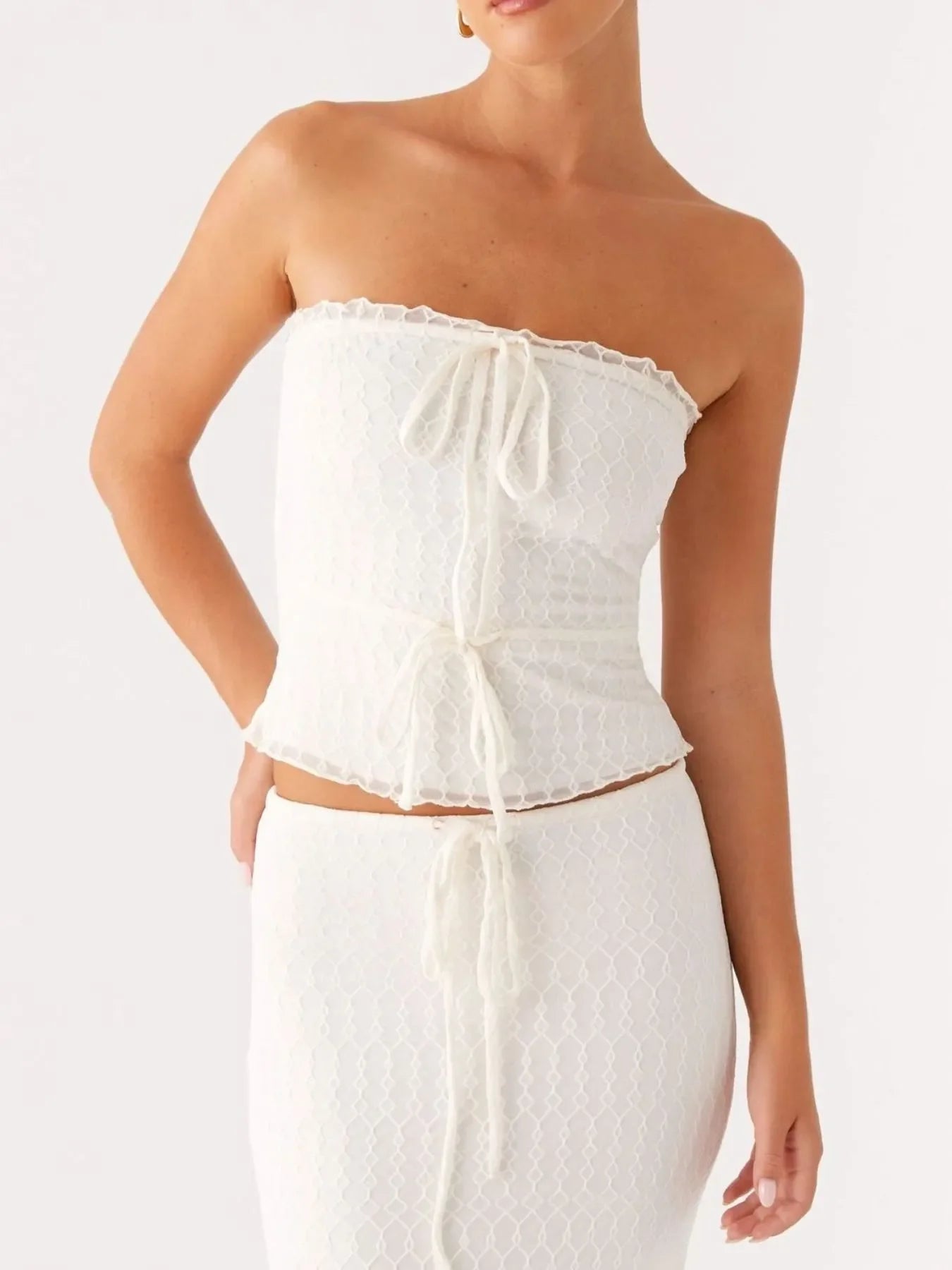 White tie front tube top with lace detail and matching maxi skirt set