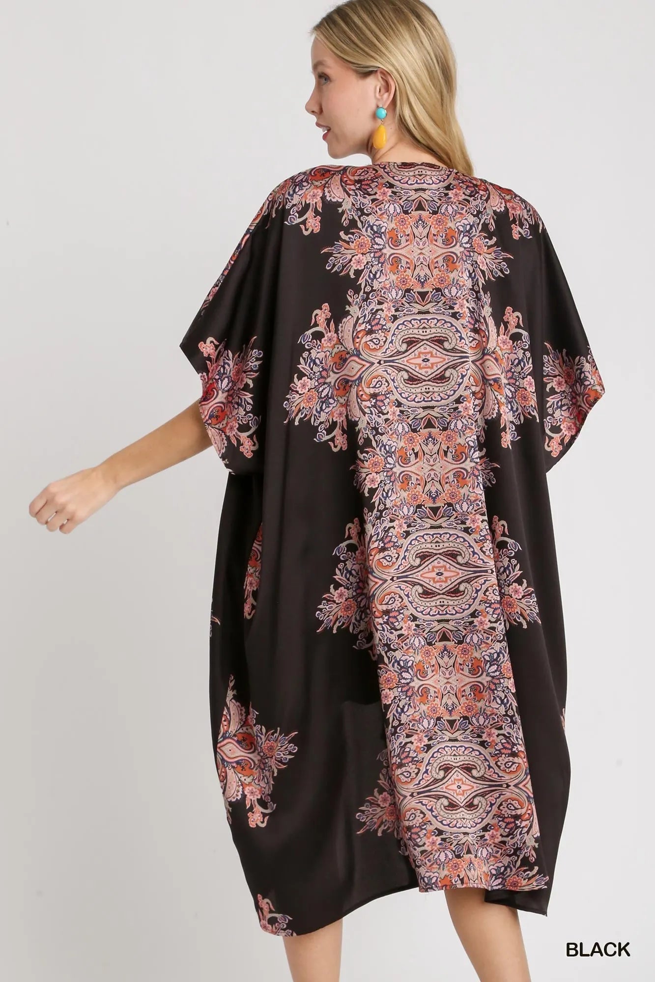 Umgee Satin Border Print black bohemian kimono with paisley floral design and open front