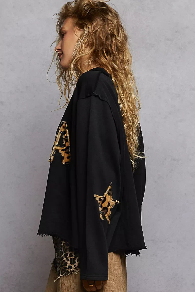 POL Round Neck long sleeve French terry sweatshirt with USA letter animal patch and raw hem detail