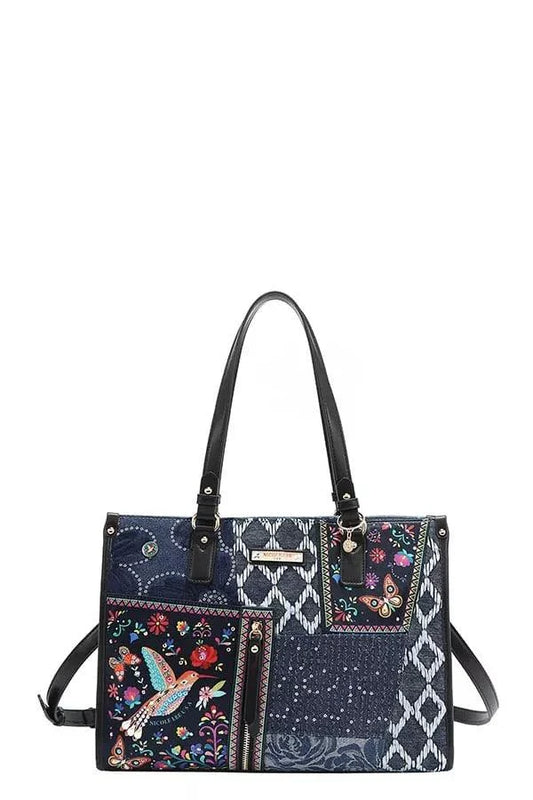 Nicole Lee USA Bosque de Amor denim tote bag with hummingbird print and vegan leather accents