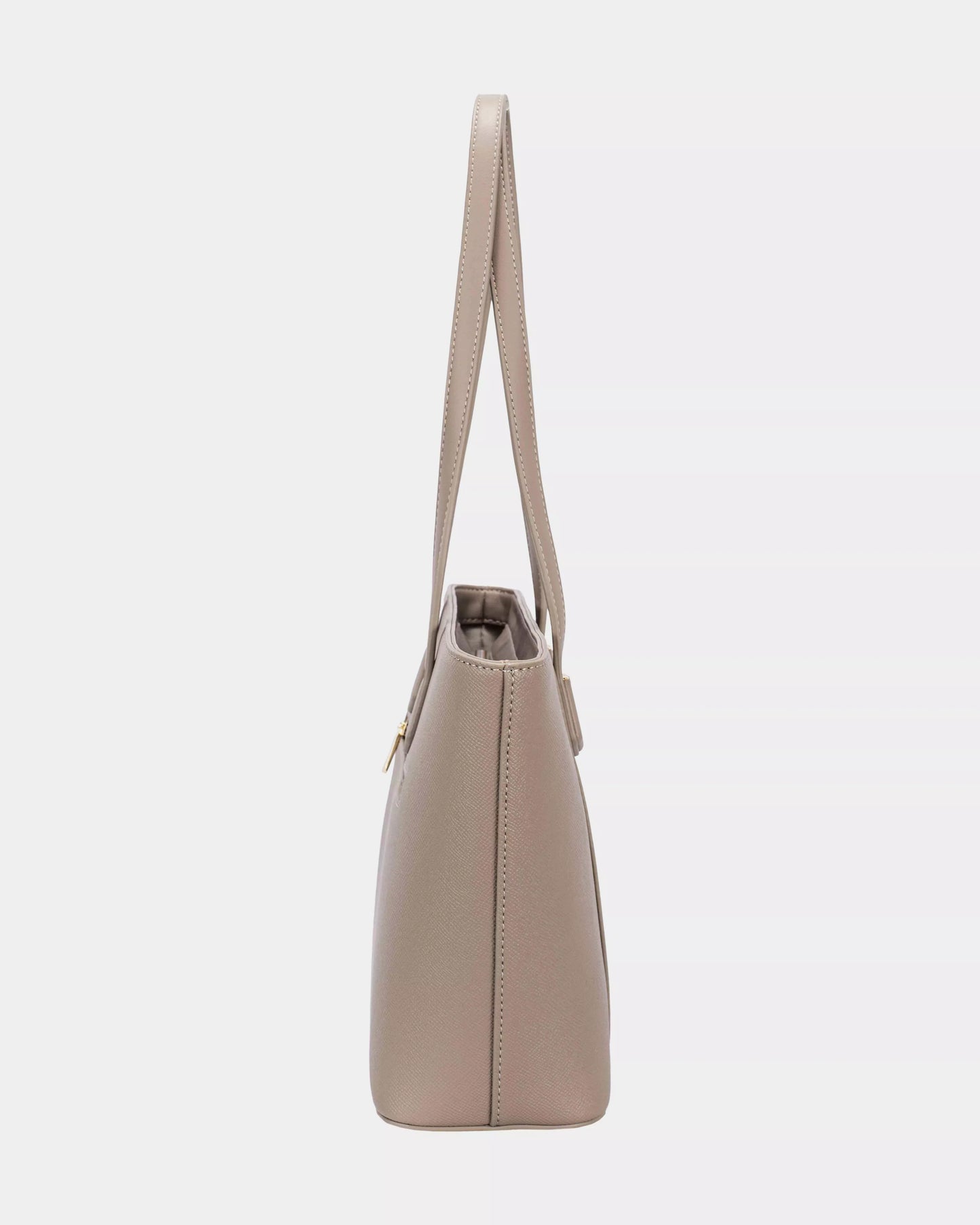David Jones leather tote bag side view with gold hardware in beige synthetic leather