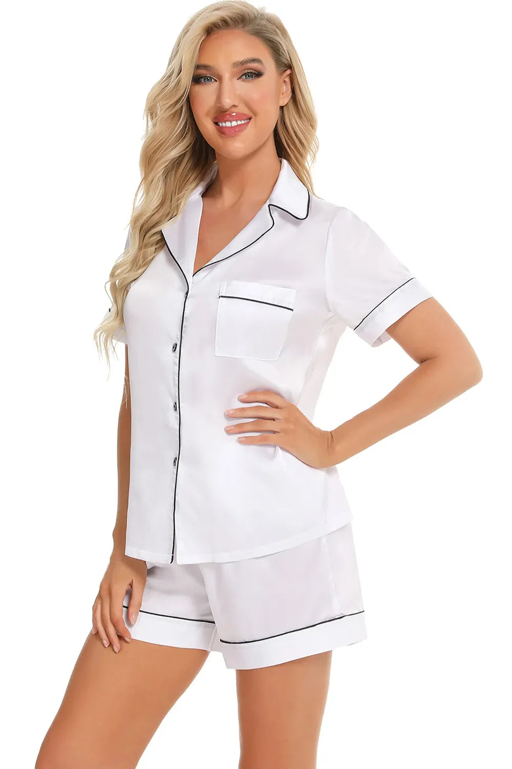 Printed button up short sleeve top and shorts lounge set in white with black piping detail
