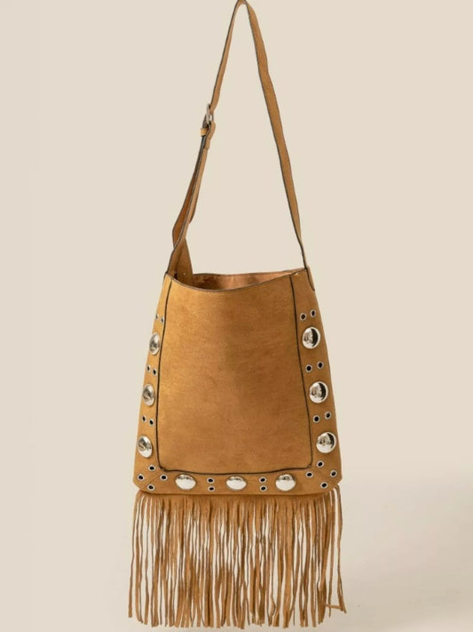 Fame Faux Suede Grommet Accent Fringe Tote Bag.