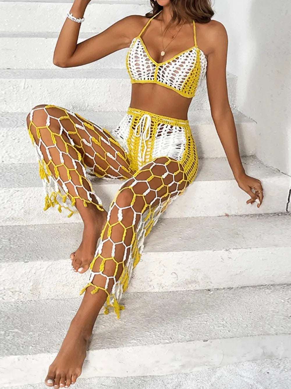 Cutout Halter Neck Swim Set - Two-Piece Top and Pants Swimwear.