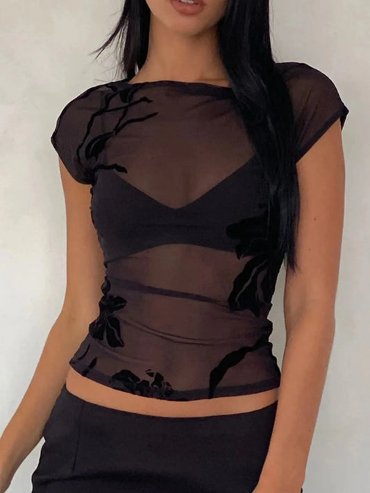 Sheer Mesh Floral Blouse