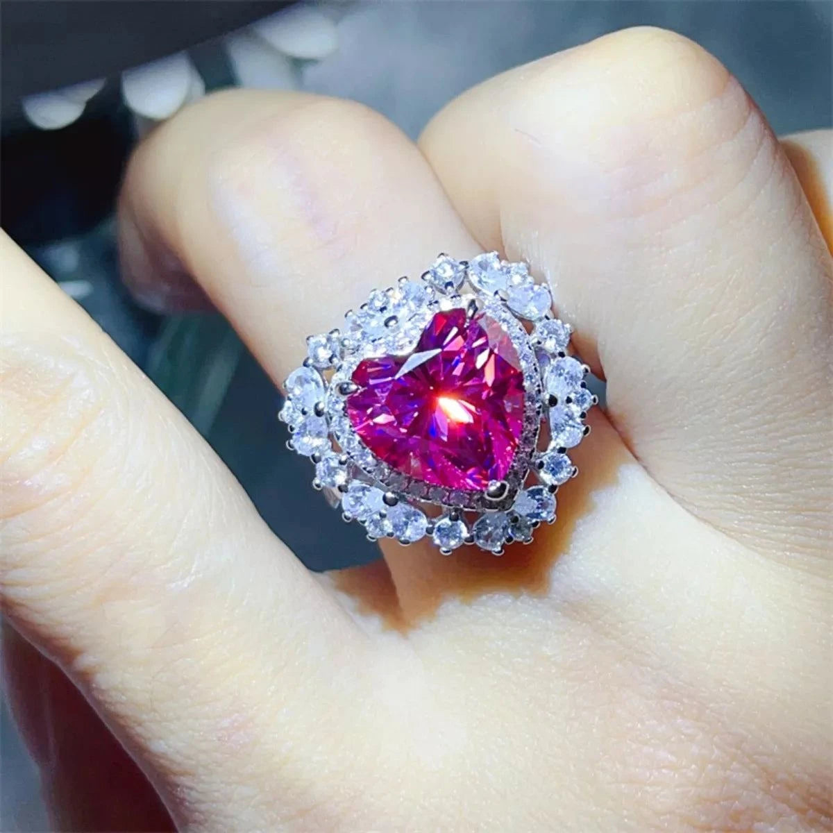 5 Carat Heart-Shaped Pink Moissanite Ring in 925 Sterling Silver with Platinum Plating